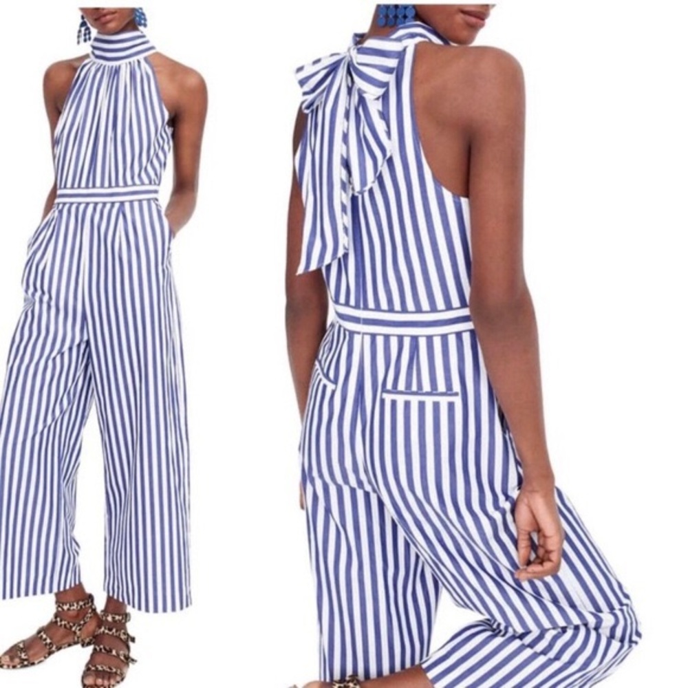 J CREW blue striped halter jumpsuit